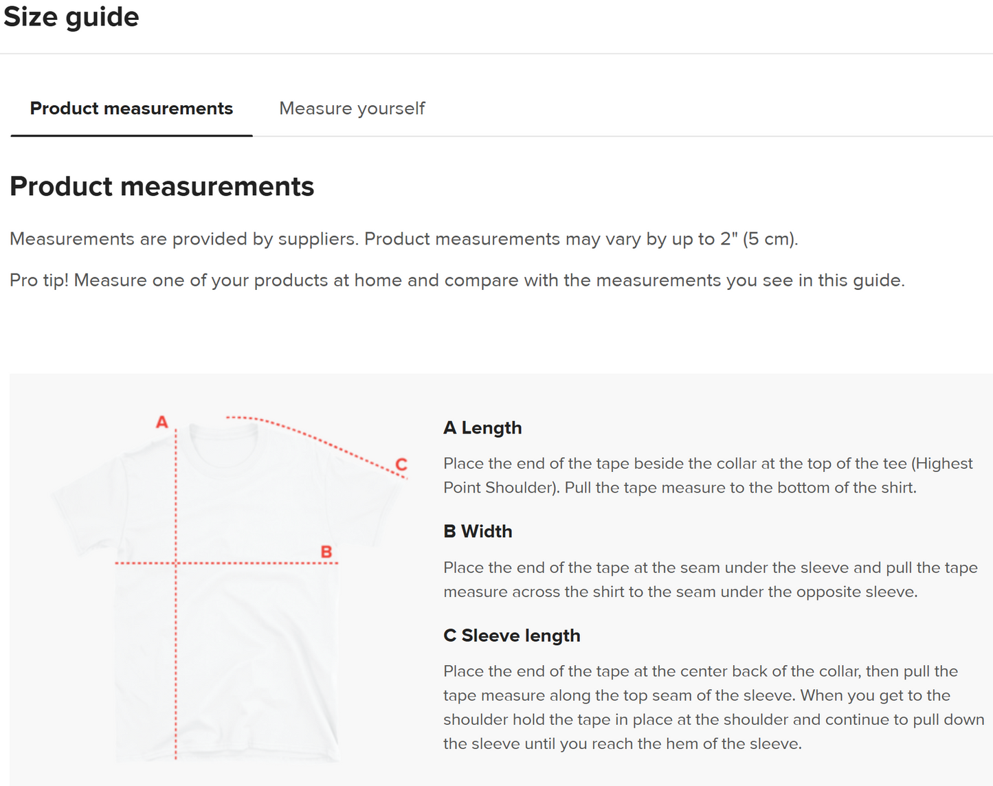 Size guide for product measurements with text and diagram on a white background