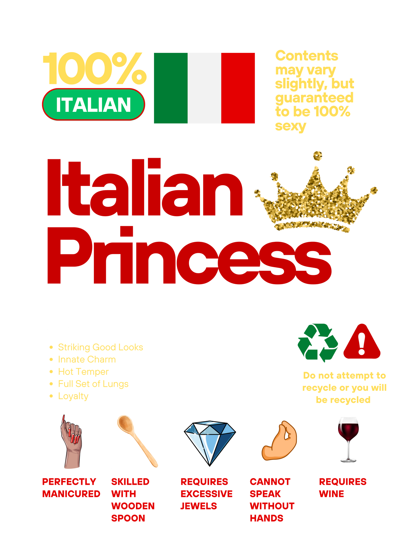 'Italian Princess' with Italian flag, crown, and humorous text.