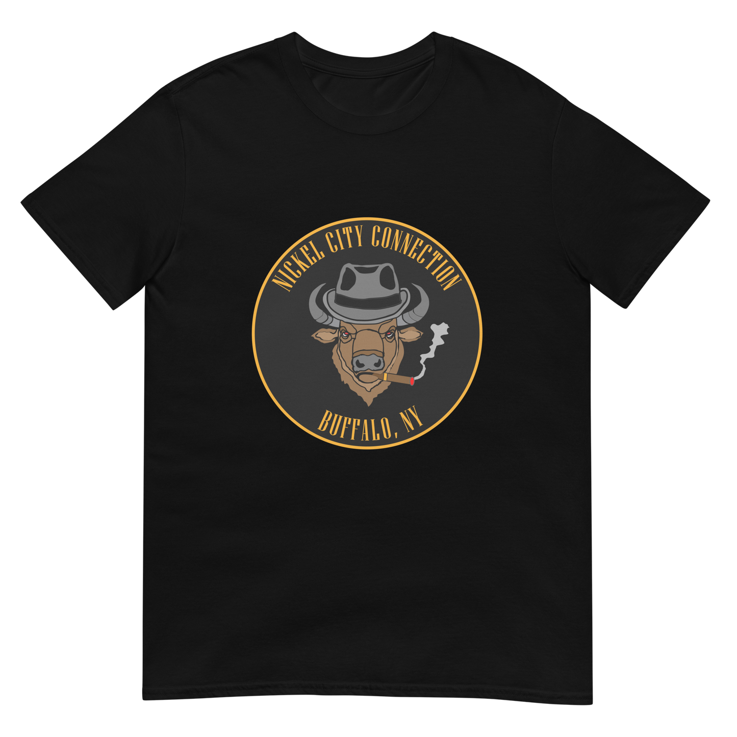 Black t-shirt with a Logo featuring a stylized bison head wearing a fedora, smoking a cigar with visible smoke. The circular design includes bold gold text reading 'Nickel City Connection' at the top and 'Buffalo, NY' at the bottom, outlined in gold against a black background.