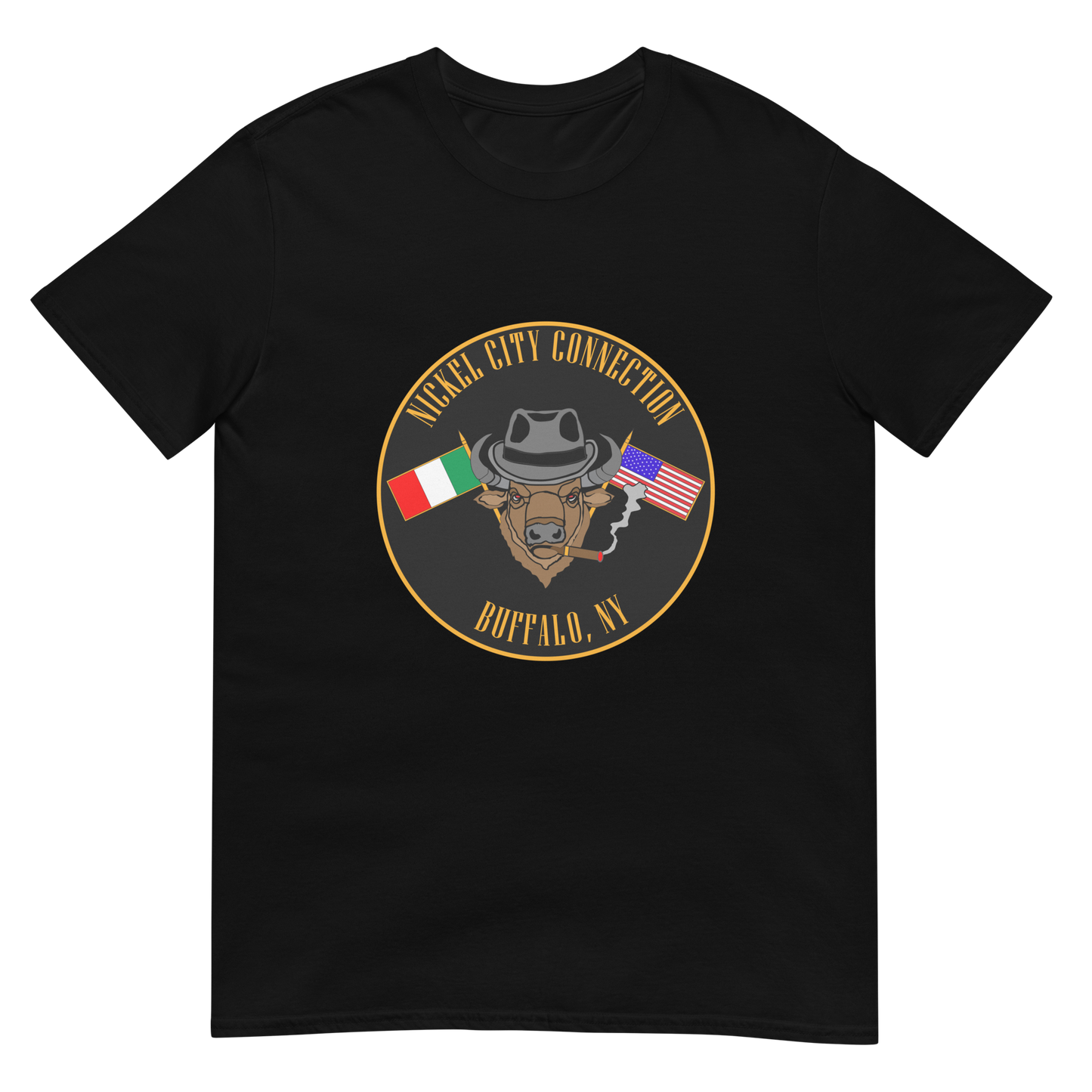 Black T-Shirt with Bison smoking a cigar and the Italian and U.S. Flags crossed.
