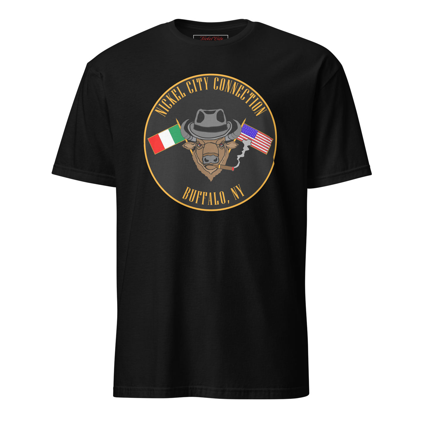 black T-Shirt with Bison smoking a cigar and the Italian and U.S. Flags crossed.