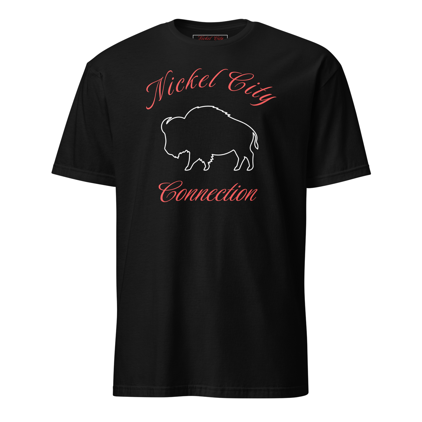 Nickel City Connection in red letters with a white buffalo. All of this is on a black t-shirt.
