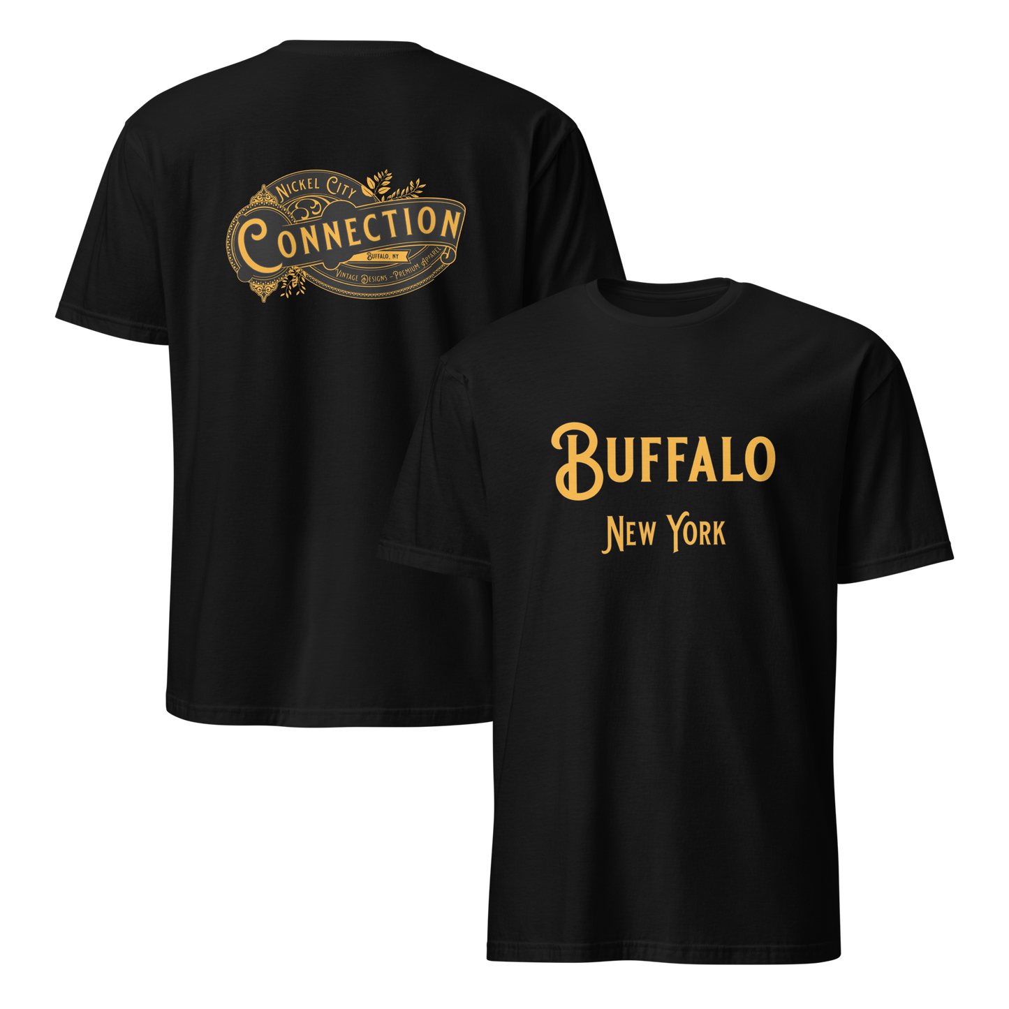 Black tshirt. Buffalo, NY on front and Nickel City Connection on back.