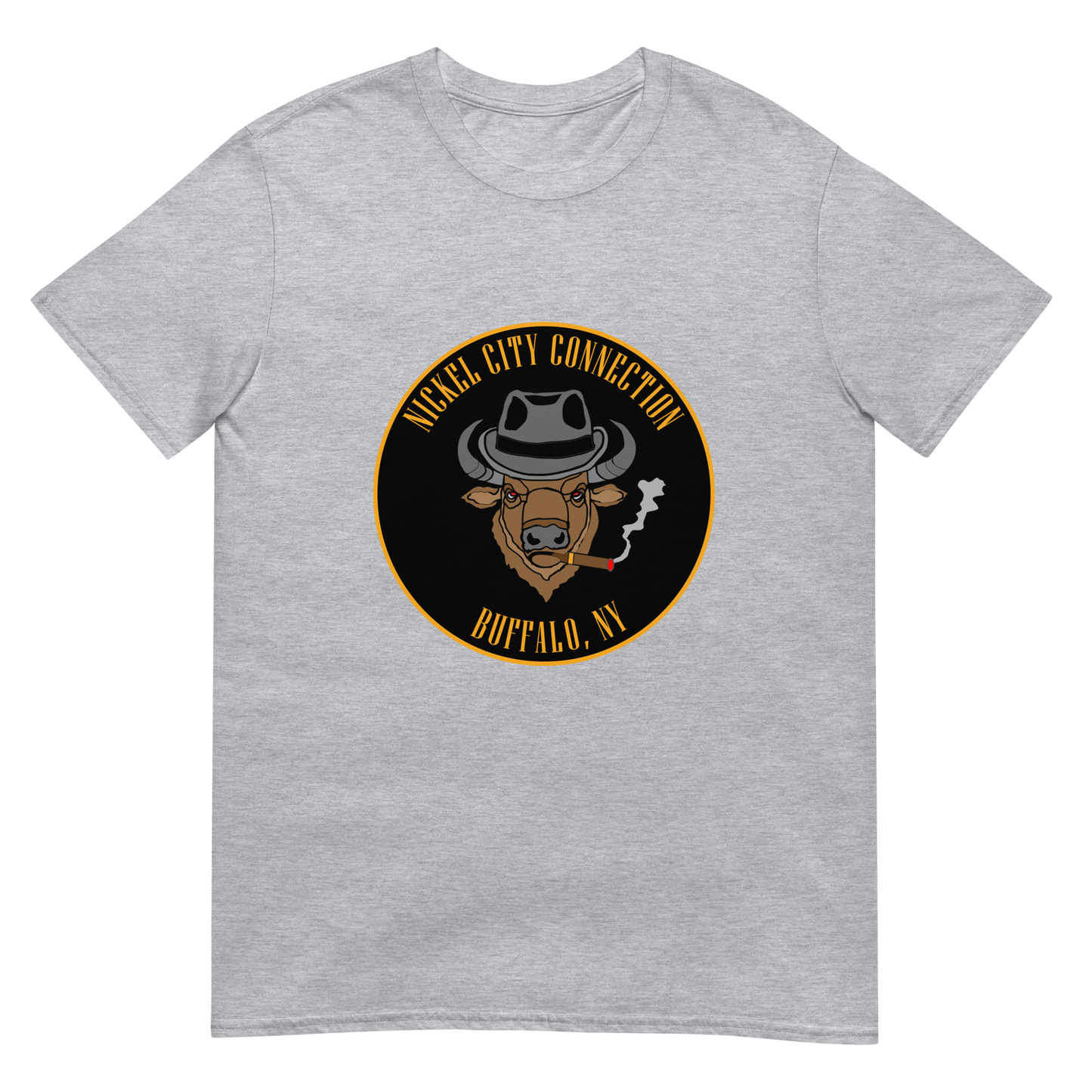 Grey t-shirt with a Logo featuring a stylized bison head wearing a fedora, smoking a cigar with visible smoke. The circular design includes bold gold text reading 'Nickel City Connection' at the top and 'Buffalo, NY' at the bottom, outlined in gold against a black background.