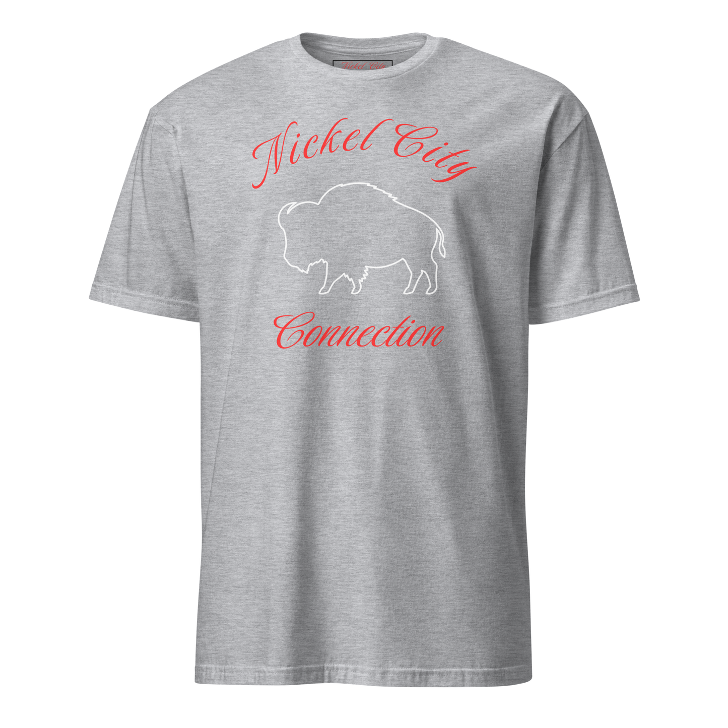 Nickel City Connection in red letters with a white buffalo. All of this is on a Grey t-shirt.