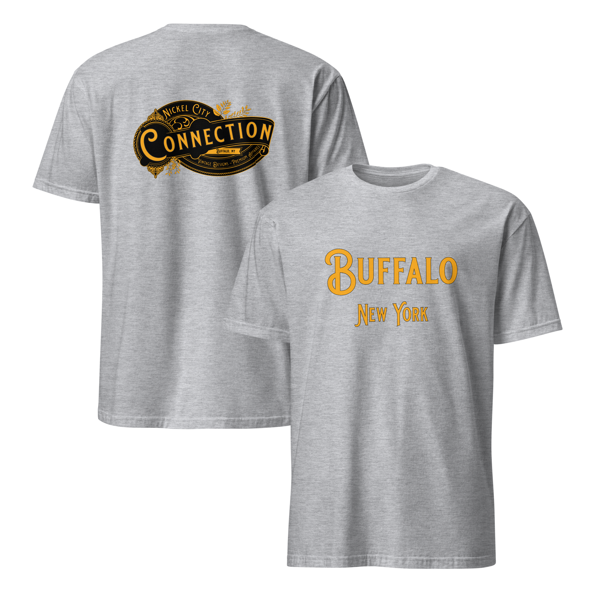 Grey tshirt. Buffalo, NY on front and Nickel City Connection on back.