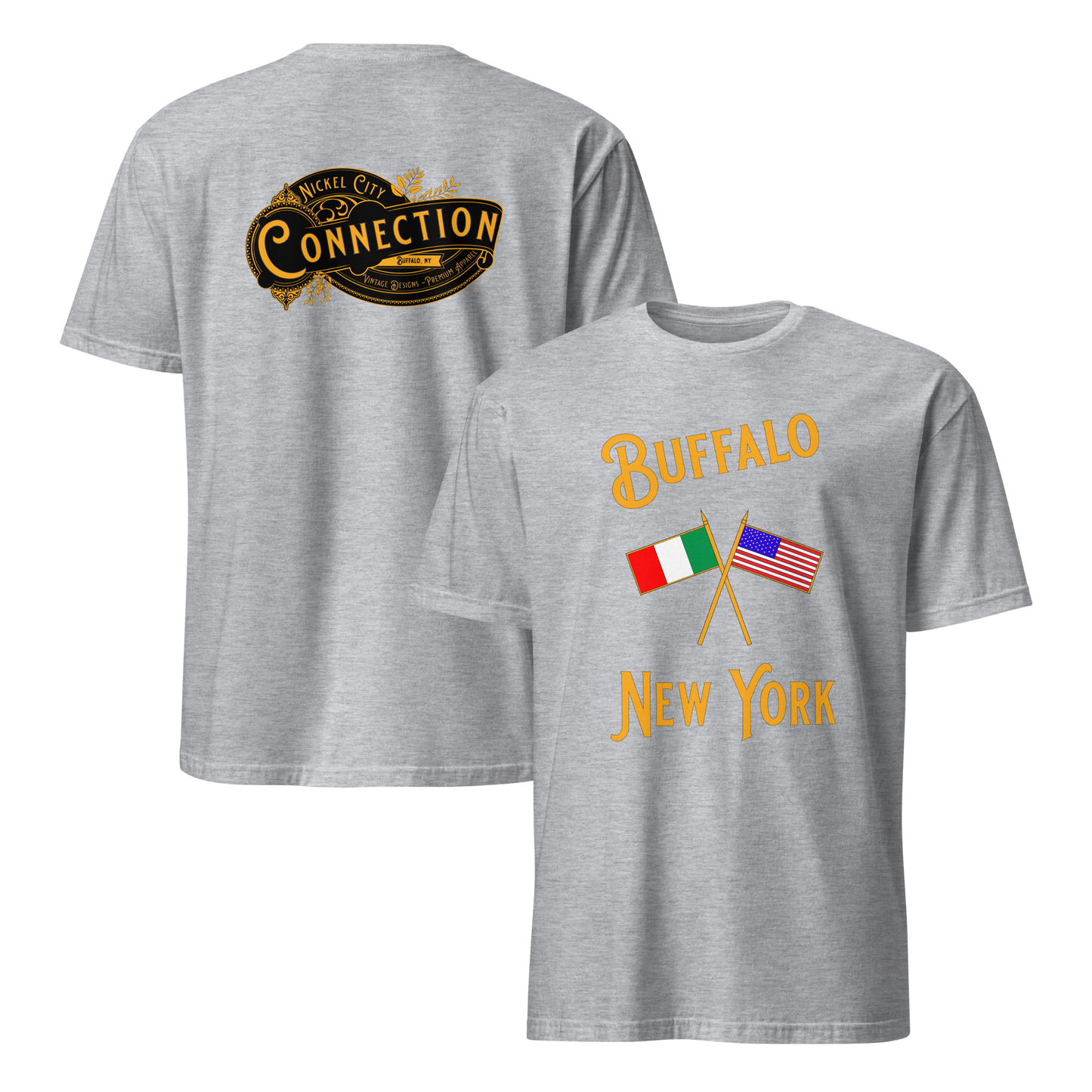Grey t-shirt. Nickel City Connection written on back and Italian and US flag on front with the words Buffalo New York.