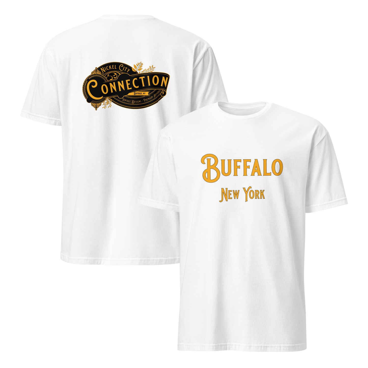 White tshirt. Buffalo, NY on front and Nickel City Connection on back.
