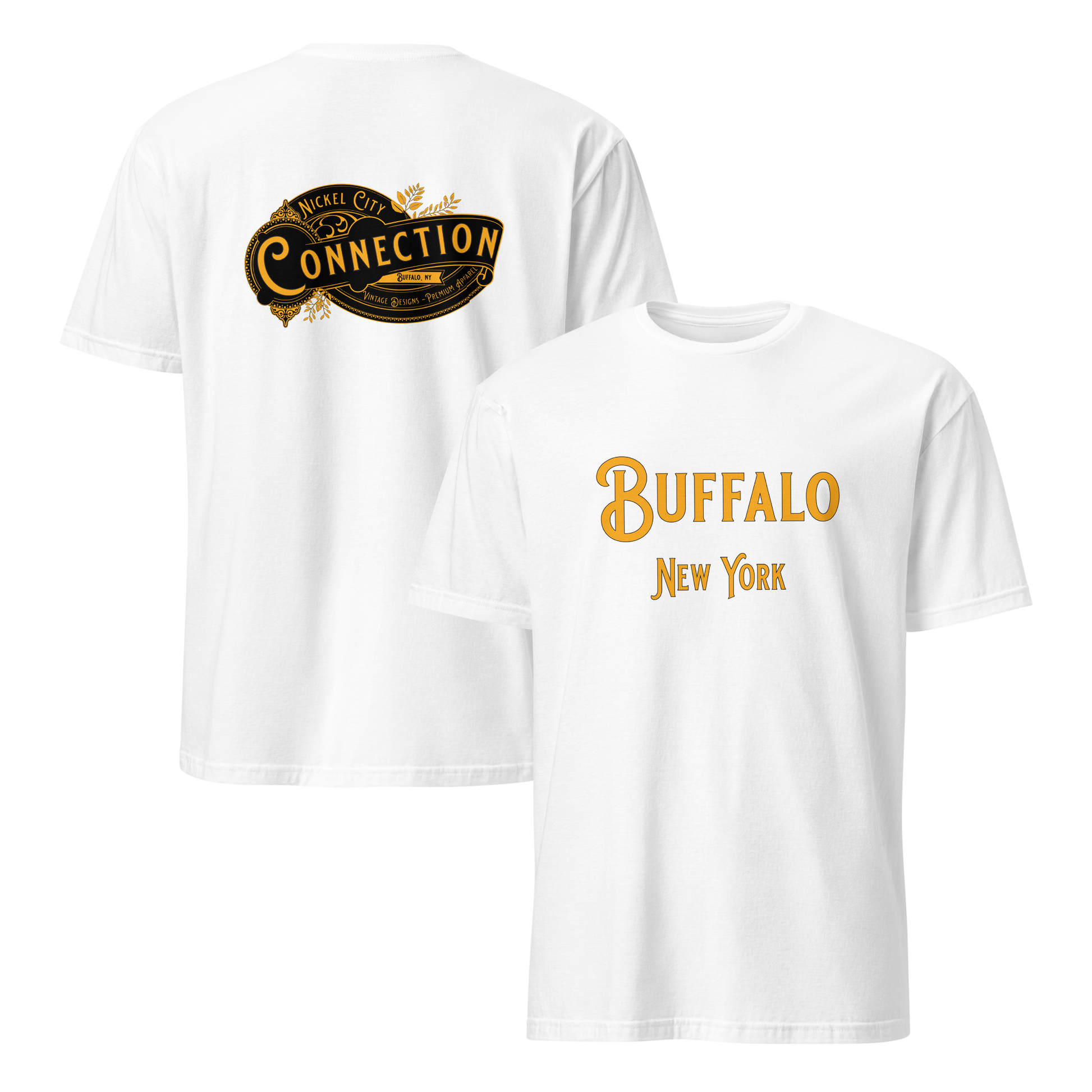 White tshirt. Buffalo, NY on front and Nickel City Connection on back.