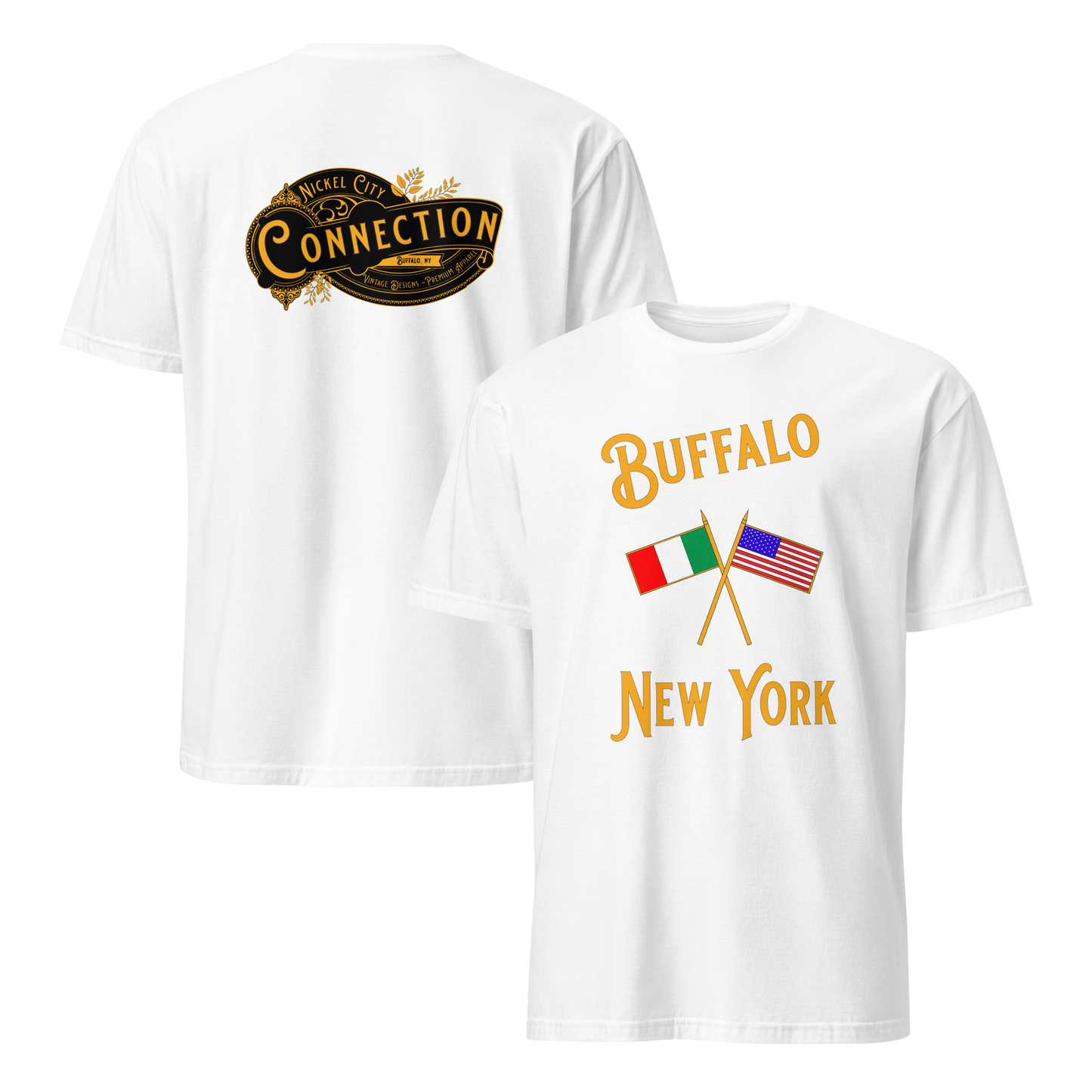 White t-shirt. Nickel City Connection written on back and Italian and US flag on front with the words Buffalo New York.