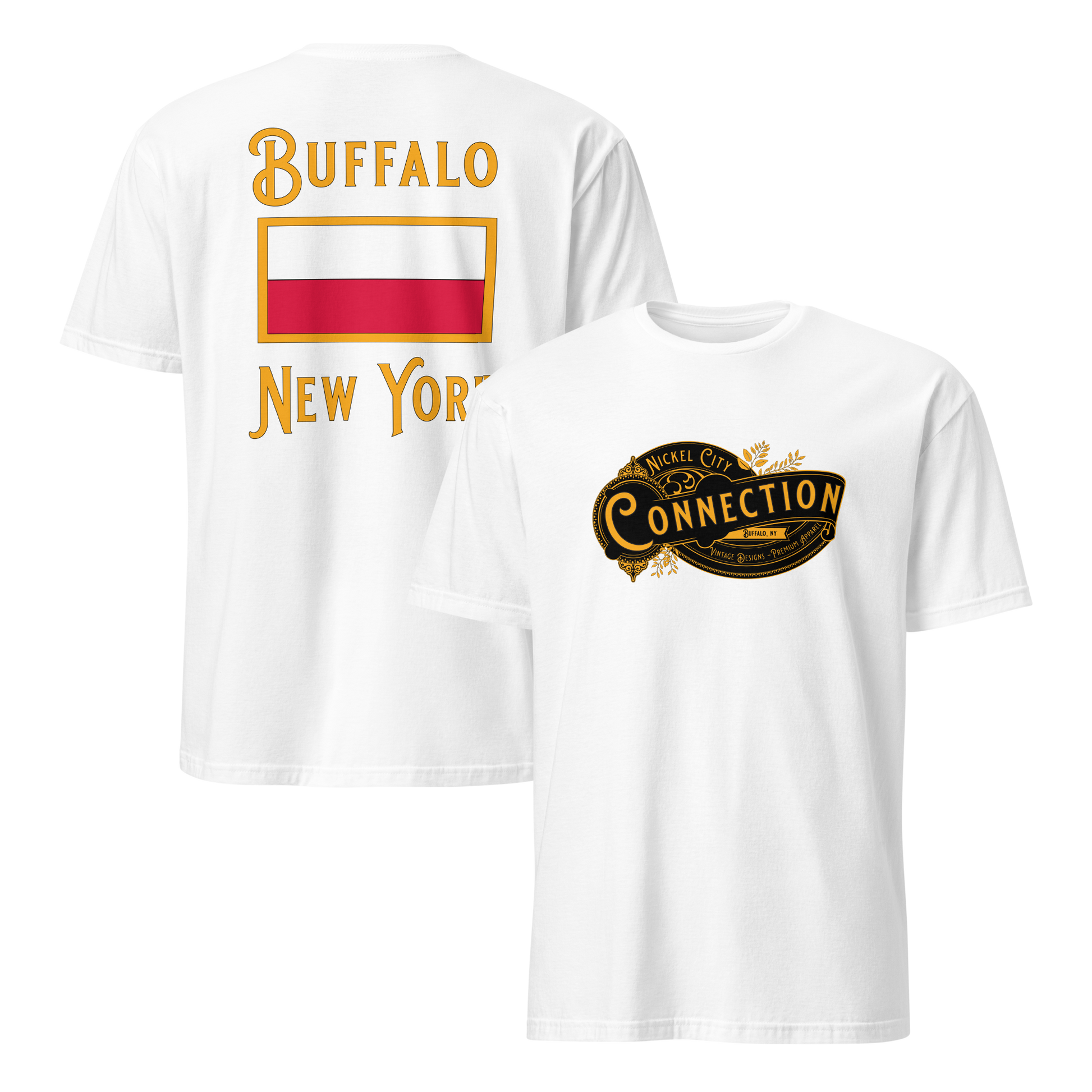 White tshirt. Nickel city connection design on front and Poland flag on back.
