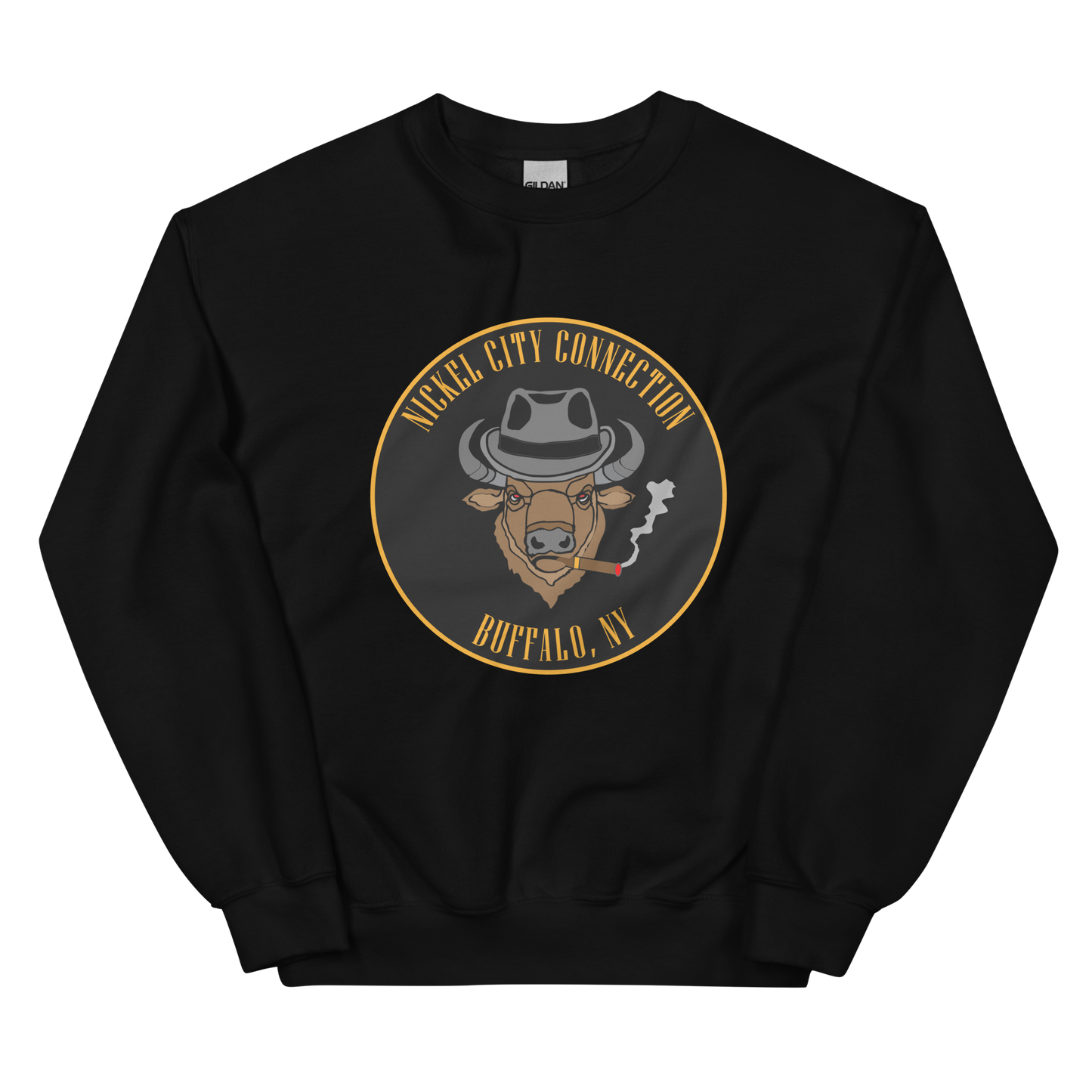 Black sweatshirt with a Logo featuring a stylized bison head wearing a fedora, smoking a cigar with visible smoke. The circular design includes bold gold text reading 'Nickel City Connection' at the top and 'Buffalo, NY' at the bottom, outlined in gold against a black background.