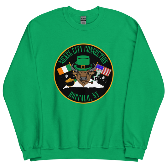 A festive design on a green sweatshirt featuring a bison wearing a green leprechaun hat and smoking a pipe. The background includes Irish and American flags, snowflakes, and a pot of gold. "Nickel City Connection" and "Buffalo, NY" are displayed in and green lettering.