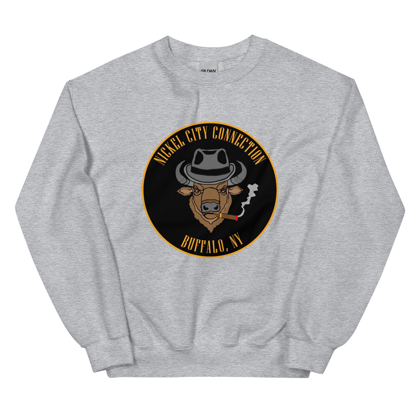 Grey sweatshirt with a Logo featuring a stylized bison head wearing a fedora, smoking a cigar with visible smoke. The circular design includes bold gold text reading 'Nickel City Connection' at the top and 'Buffalo, NY' at the bottom, outlined in gold against a black background.