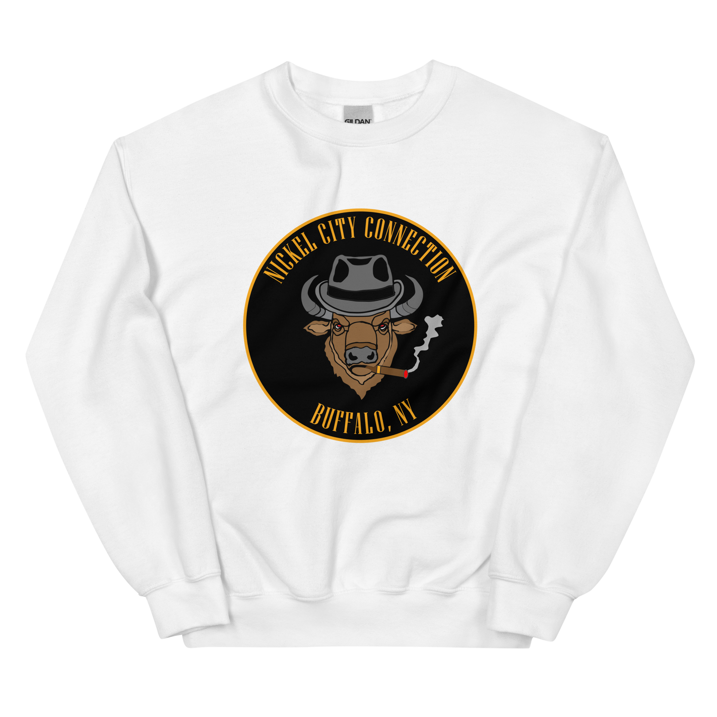 White sweatshirt with a Logo featuring a stylized bison head wearing a fedora, smoking a cigar with visible smoke. The circular design includes bold gold text reading 'Nickel City Connection' at the top and 'Buffalo, NY' at the bottom, outlined in gold against a black background.
