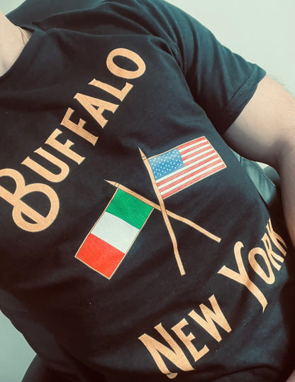 Buffalo NY tshirt with Italy and US flags crossed