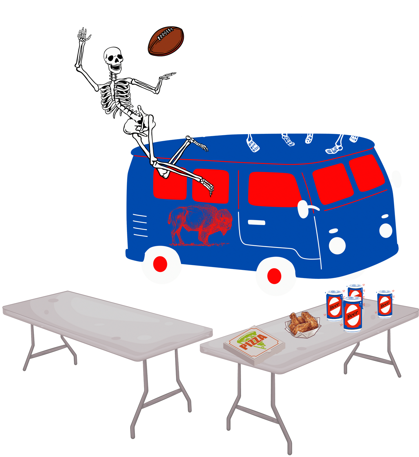 Skeletons on top of a blue van. One of them is jumping to catch a football and break a table. There is pizza, wings & beer on another table. 