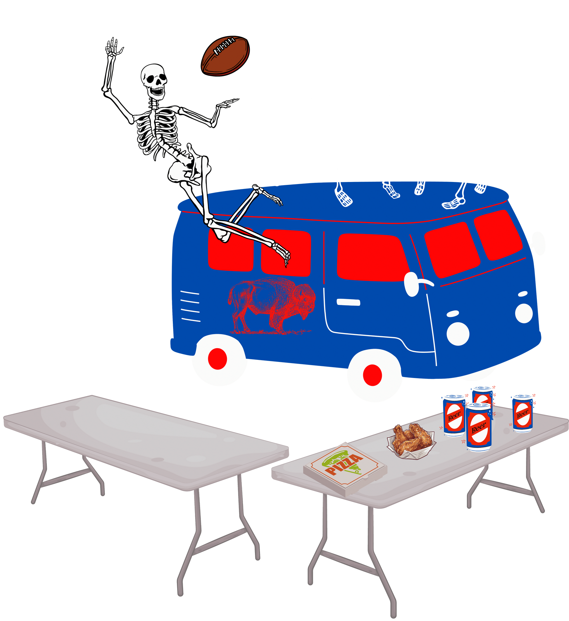 Skeletons on top of a blue van. One of them is jumping to catch a football and break a table. There is pizza, wings & beer on another table. 