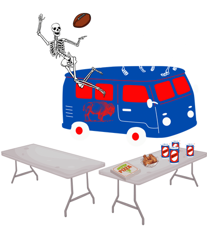 Skeletons on top of a blue van. One of them is jumping to catch a football and break a table. There is pizza, wings & beer on another table. 