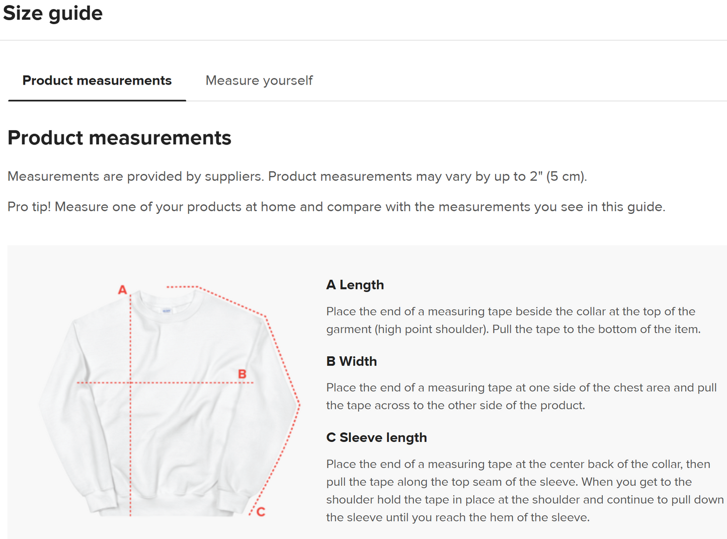 Size guide for a crew neck sweatshirt.
