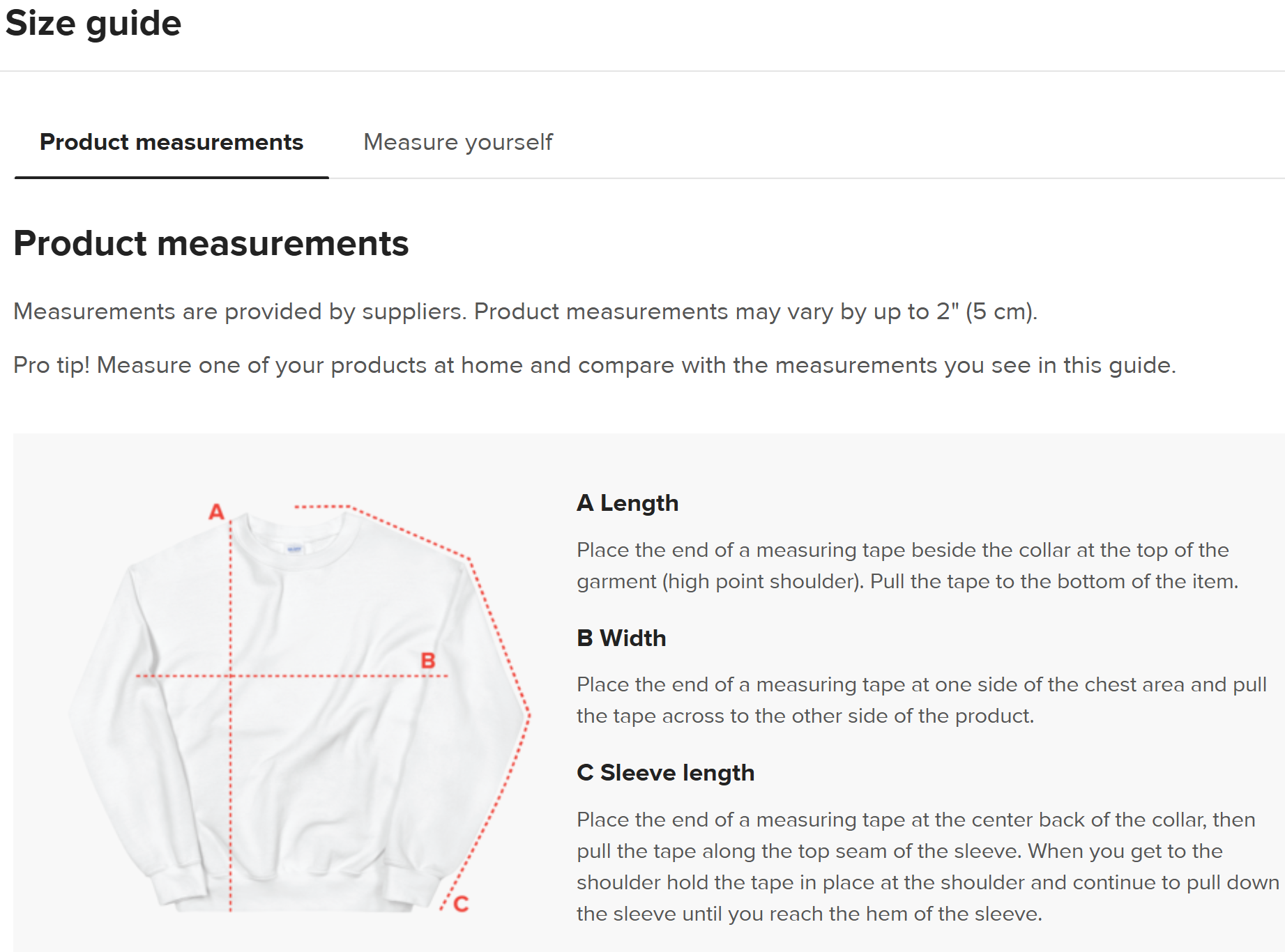Size guide for a crew neck sweatshirt.