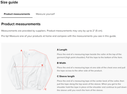 Size guide for a crew neck sweatshirt.