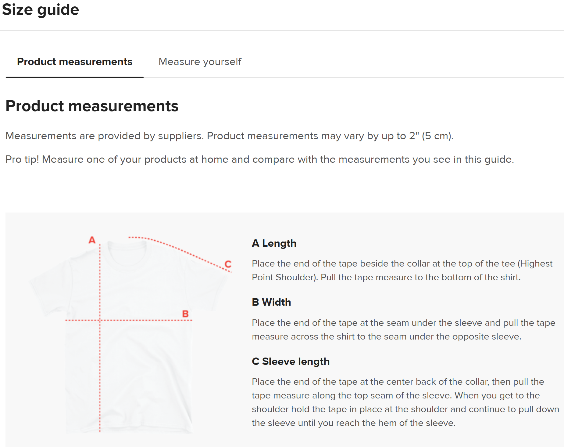 Size guide for product measurements with text and diagram on a white background