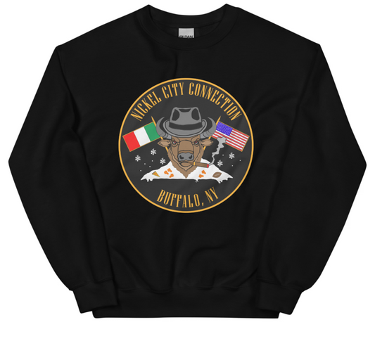 Black sweatshirt with  Bison smoking a cigar and the Italian and U.S. Flags crossed.