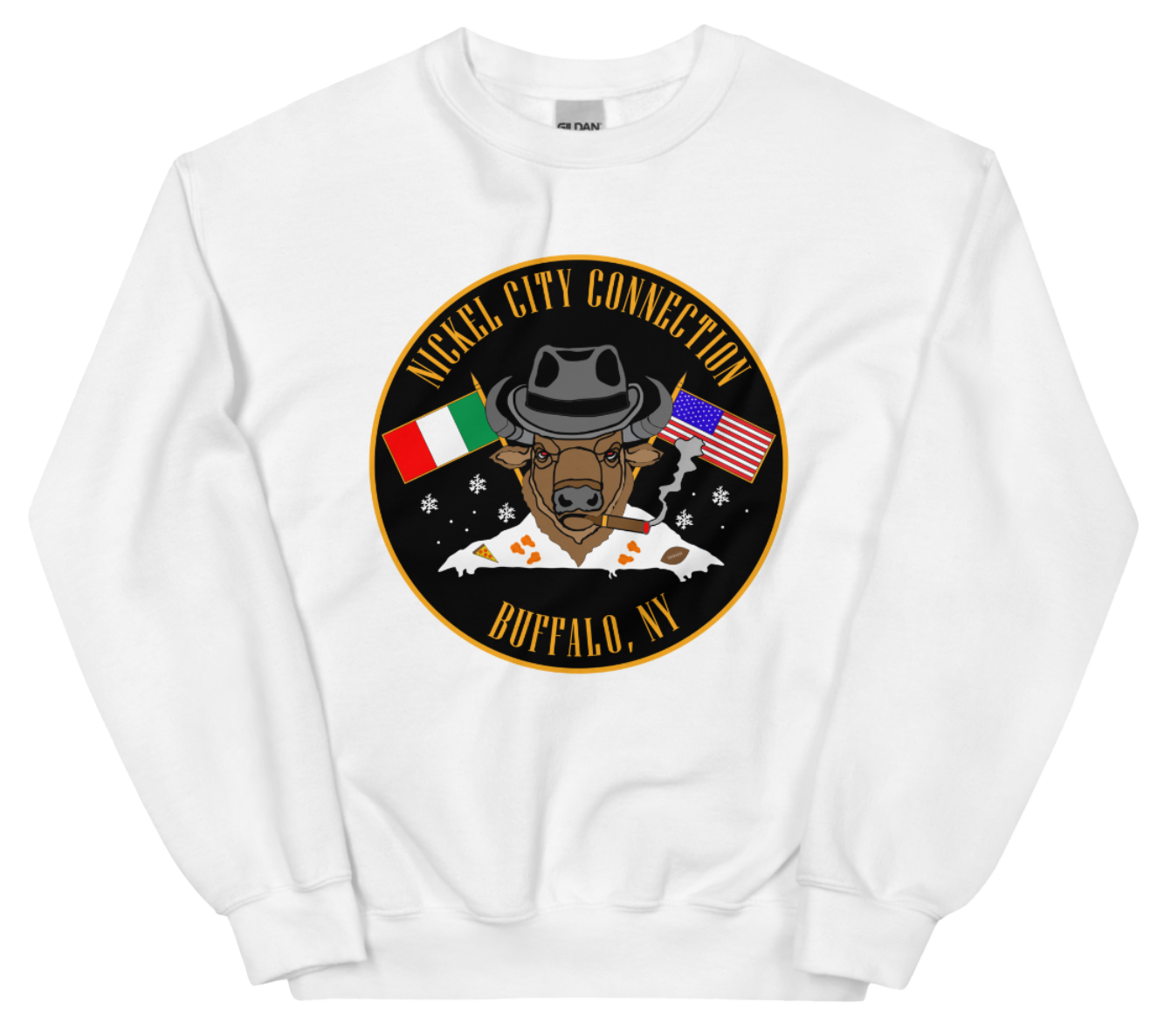 White sweatshirt with  Bison smoking a cigar and the Italian and U.S. Flags crossed.