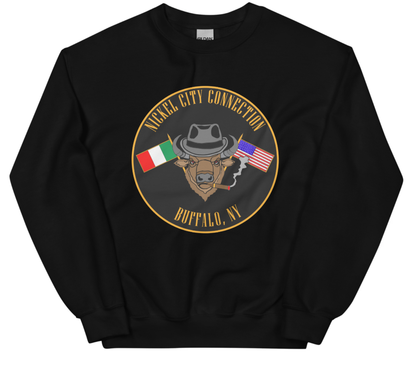 Black sweatshirt with  Bison smoking a cigar and the Italian and U.S. Flags crossed.