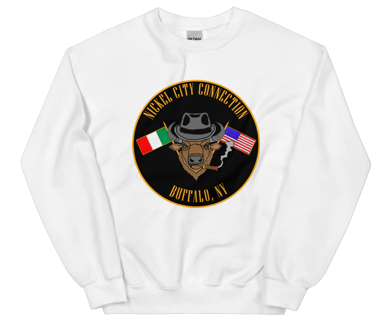 White sweatshirt with  Bison smoking a cigar and the Italian and U.S. Flags crossed.