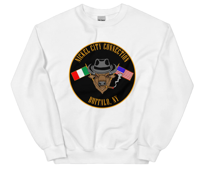 White sweatshirt with  Bison smoking a cigar and the Italian and U.S. Flags crossed.