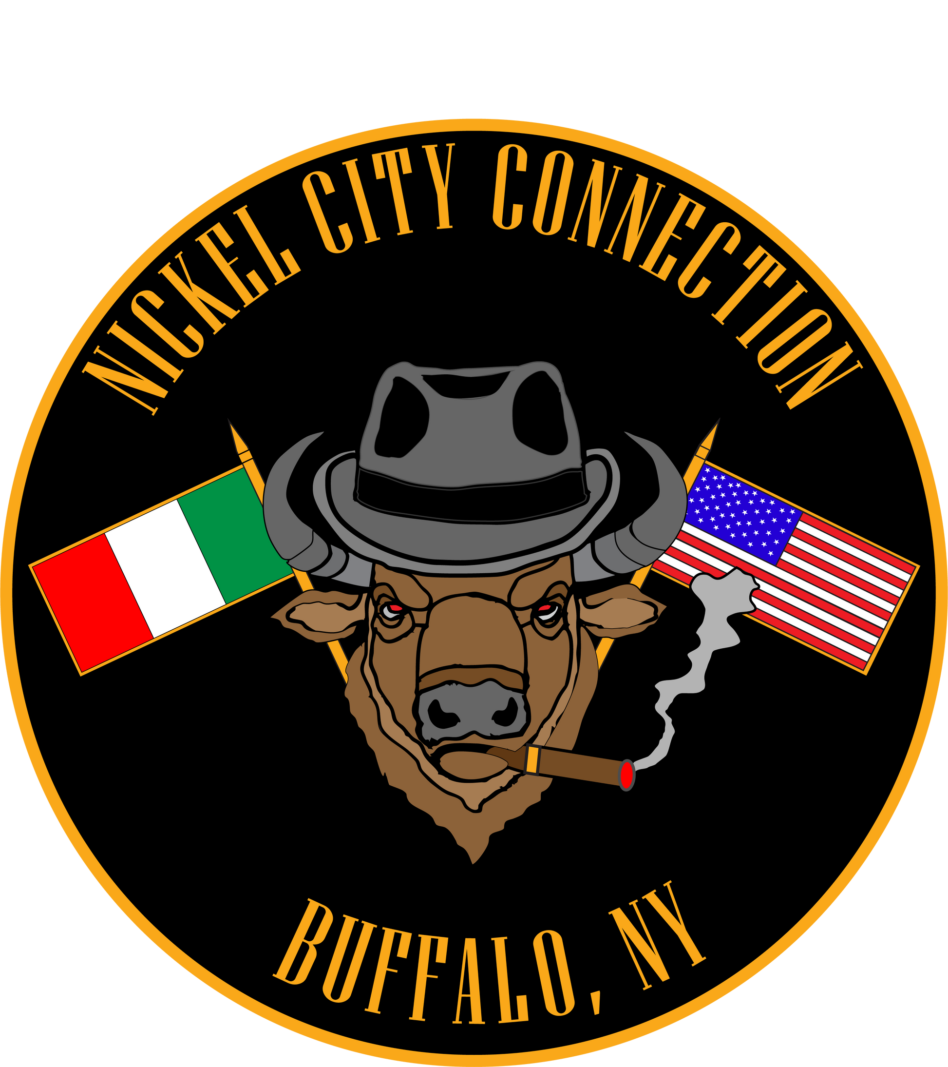 Nickel city connection with bison smoking a cigar. Italian and US flags crossed.