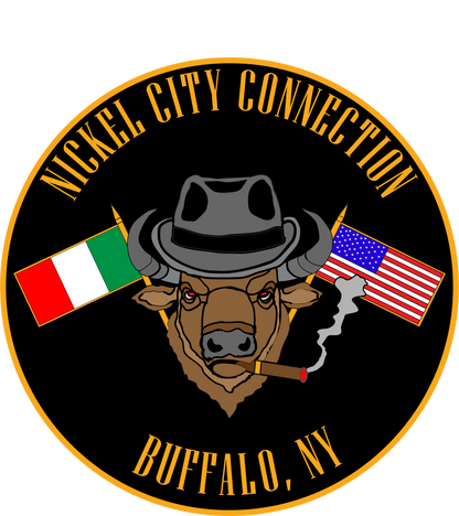 Nickel city connection with bison smoking a cigar. Italian and US flags crossed.