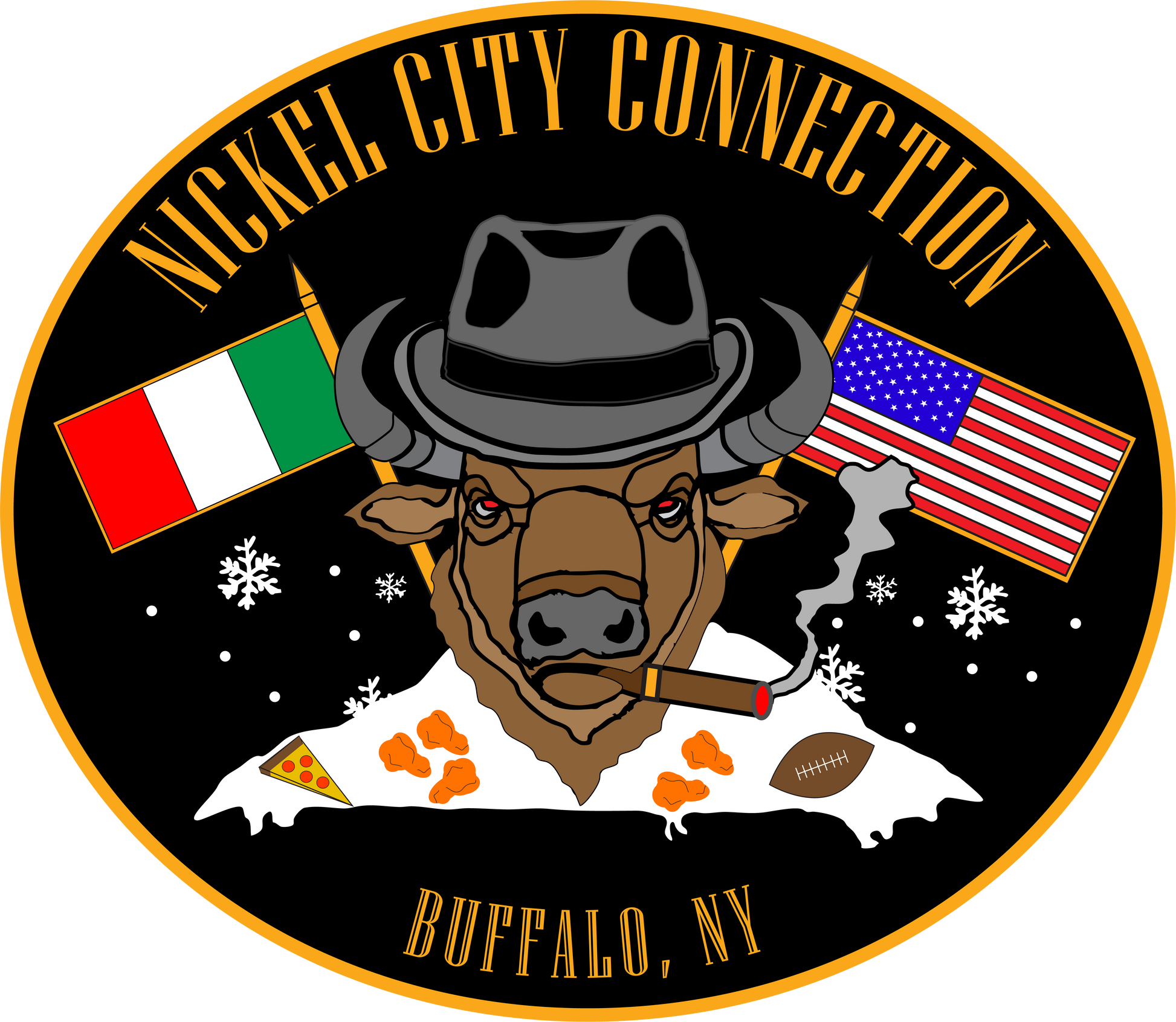 A bison in a fedora smokes a cigar, with Italian and American flags behind it. Snowflakes, pizza, wings, and a football symbolize Buffalo, NY. "Nickel City Connection" is displayed in a bold, circular design.