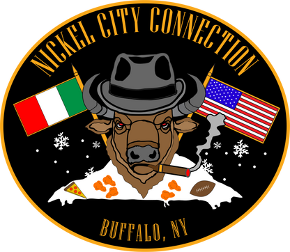 A bison in a fedora smokes a cigar, with Italian and American flags behind it. Snowflakes, pizza, wings, and a football symbolize Buffalo, NY. "Nickel City Connection" is displayed in a bold, circular design.