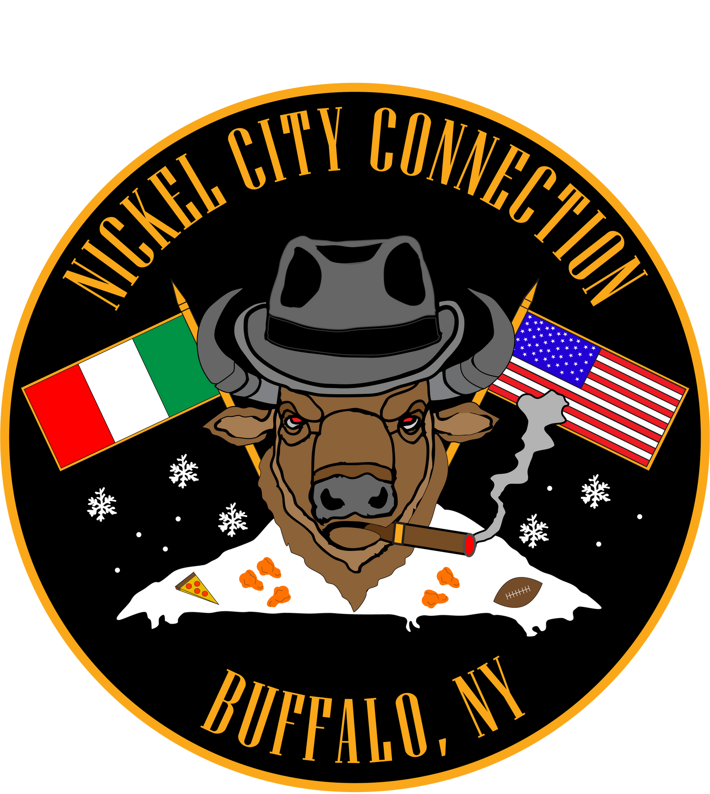 Bison smoking a cigar with a fedora on. Words "Nickel City Connection" at top of image in gold lettering. Italian flag and US flag are behind the Bison. Snow is coming down and there is a snow pile with chicken wings and pizza on it.