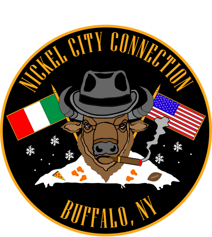 Bison smoking a cigar with a fedora on. Words "Nickel City Connection" at top of image in gold lettering. Italian flag and US flag are behind the Bison. Snow is coming down and there is a snow pile with chicken wings and pizza on it.