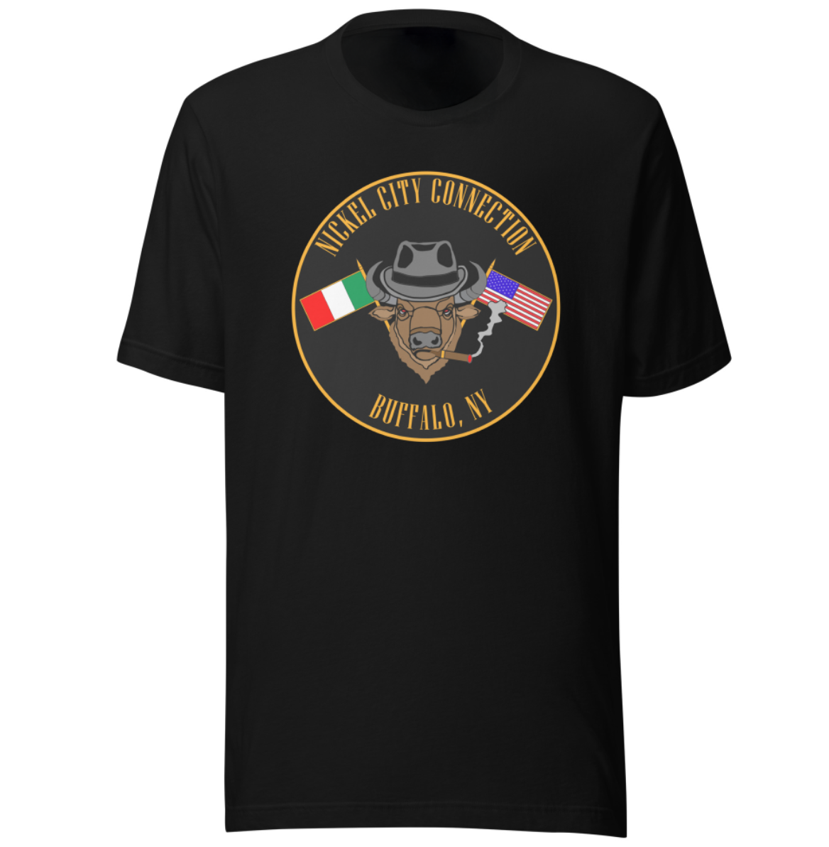 Black T-Shirt  with  Bison smoking a cigar and the Italian and U.S. Flags crossed.