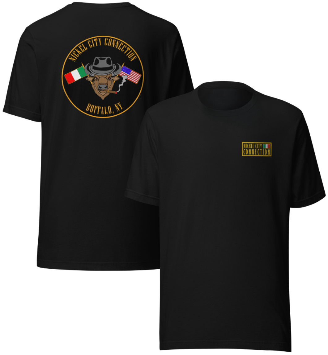 Black t-shirt. This shirt features an embroidered patch on the front and an Italian American Pride design on the back (printed, not embroidered).