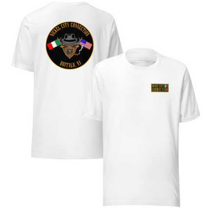 White t-shirt. This shirt features an embroidered patch on the front and an Italian American Pride design on the back (printed, not embroidered).