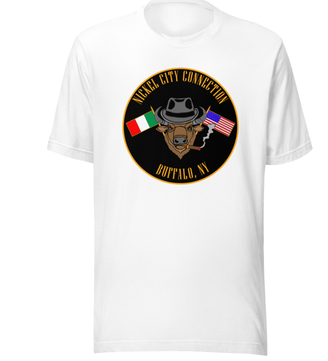 White T-Shirt  with  Bison smoking a cigar and the Italian and U.S. Flags crossed.