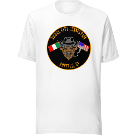 White T-Shirt  with  Bison smoking a cigar and the Italian and U.S. Flags crossed.