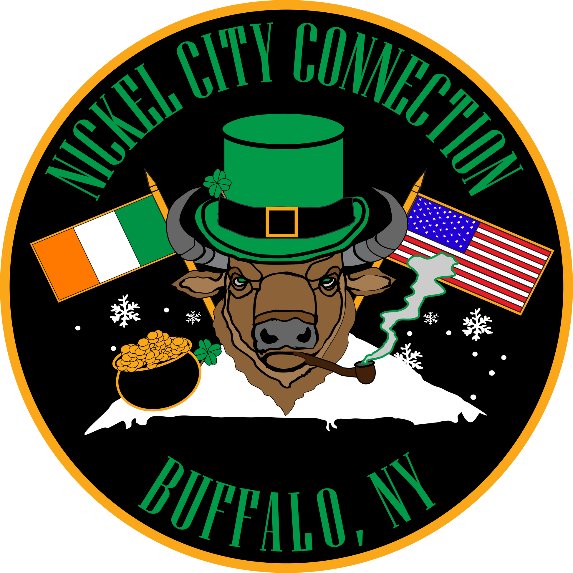 Nickel City Connection design with Irish and US flags with Bison smoking a pipe.