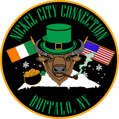 Nickel City Connection design with Irish and US flags with Bison smoking a pipe.
