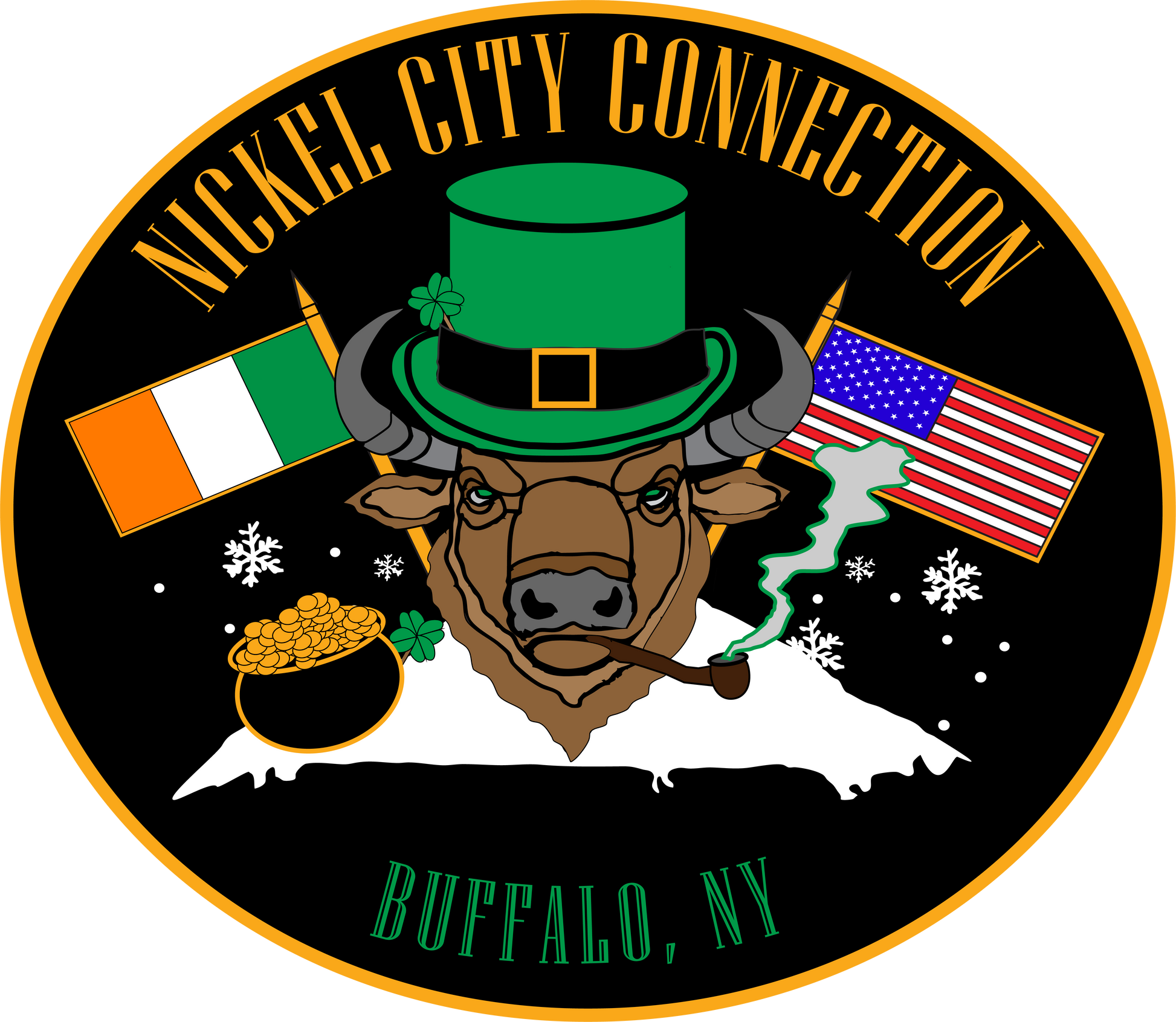 A festive design featuring a bison wearing a green leprechaun hat and smoking a pipe. The background includes Irish and American flags, snowflakes, and a pot of gold. "Nickel City Connection" and "Buffalo, NY" are displayed in gold and green lettering.