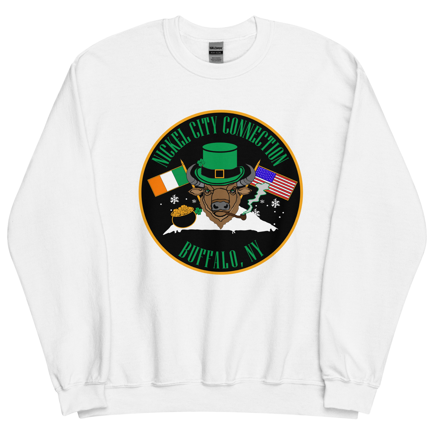 A festive design on a white sweatshirt featuring a bison wearing a green leprechaun hat and smoking a pipe. The background includes Irish and American flags, snowflakes, and a pot of gold. "Nickel City Connection" and "Buffalo, NY" are displayed in and green lettering.