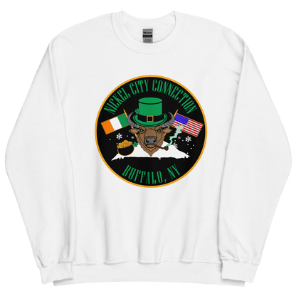 A festive design on a white sweatshirt featuring a bison wearing a green leprechaun hat and smoking a pipe. The background includes Irish and American flags, snowflakes, and a pot of gold. "Nickel City Connection" and "Buffalo, NY" are displayed in and green lettering.