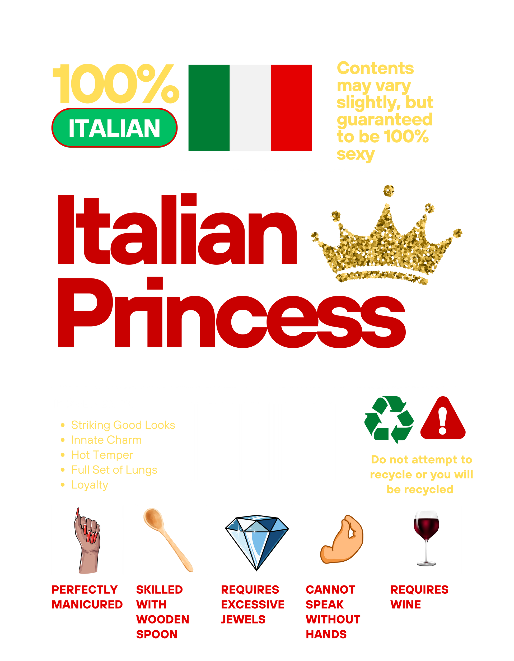 'Italian Princess' with Italian flag, crown, and humorous text.