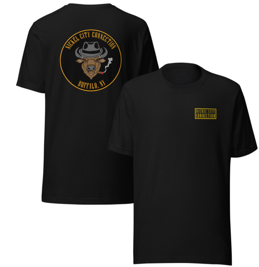 Black shirt shown front and back. This t-shirt features an embroidered patch on the front and a logo that is printed on the back.